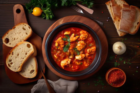 Top view of fish stew tomato serving bowl. Seafood sauce platter with crusty baked bread. Generate aiの素材
