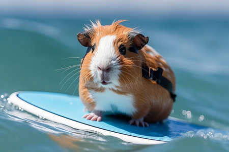 Guinea pig on surfing plank. Cavy animal pet surfer in ocean water. Generate aiの素材