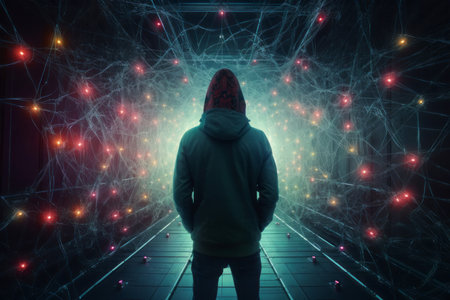 Hacker inside a fragmented space. Cyber programmer in dark server room. Generate aiの素材