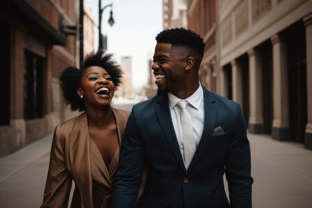 Happy well dressed couple. Two fancy adults outdoor city walking. Generate aiの素材