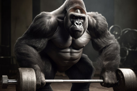 Weight lifting gorilla. Muscular and large animal picks heavy barbell. Generate AIの素材