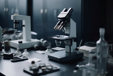 Microscope laboratory equipment. New medical and expensive technology table. Generate AIの素材
