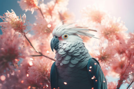 Cockatoo bird in blooming pink pastel flowers. Beautiful parrot creature in blossom garden. Generate aiの素材