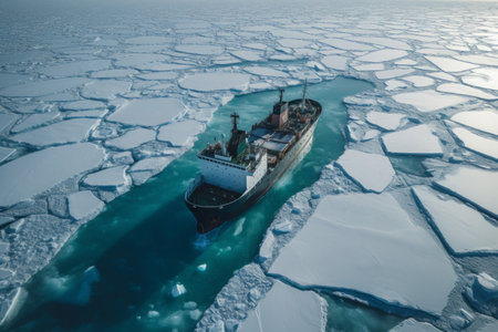 Ship cruising among sea ice. Arctic expedition icebreaker boat on frozen ocean water. Generate aiの素材