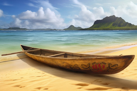 Traditional Hawaiian canoe on the beach. Ocean boat on tropical island sand. Generate aiの素材