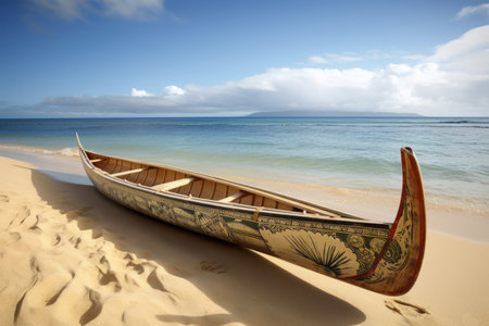 Traditional outrigger Hawaiian canoe on the sand. Exotic floating boat on coastal ocean beach. Generate aiの素材