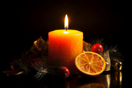 Warm burning candle with winter holiday decoration. Festive glowing illumination fiery candlelight. Generate aiの素材