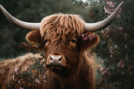 Brown fluffy cow with branches flower. Adorable calf in nature blossom bush. Generate aiの素材