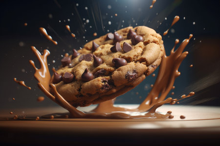 Chocolate chip cookie flying. Tasty crispy biscuit among cacao splashes. Generate aiの素材