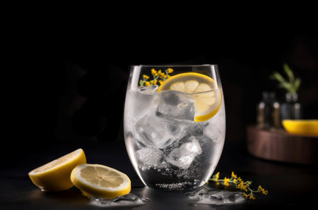Gin tonic cocktail. Glass with fresh alcohol beverage with lemon fruit. Generate aiの素材
