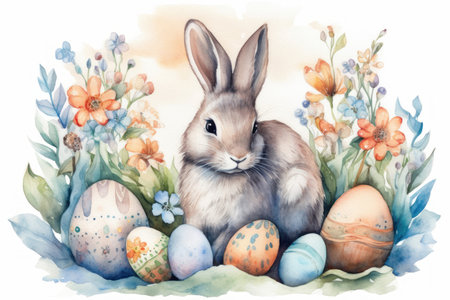 Happy Easter greeting card. Cute bunny with colored eggs in floral field. Generate aiの素材