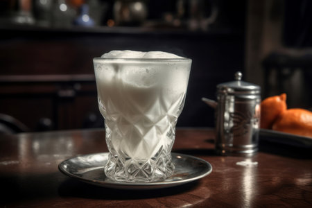 Ayran refreshment drink. Crystal glass with fresh beverage wooden table. Generate AIの素材