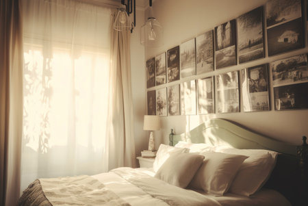 Bedroom wall decorated. Designer room with crumpled bed and interesting photos. Generate AIの素材