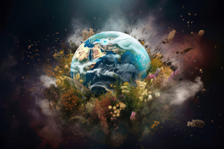 Earth blooming concept. Blue planet adorned with colorful and amazing flowers. Generate AIの素材
