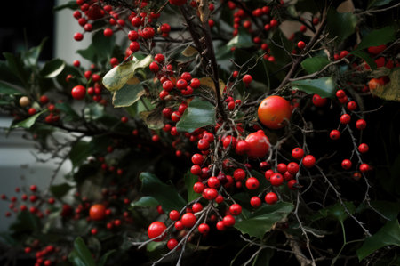 Winter holiday tree red berries. Christmas wintertime ornament natural branches. Generate aiの素材