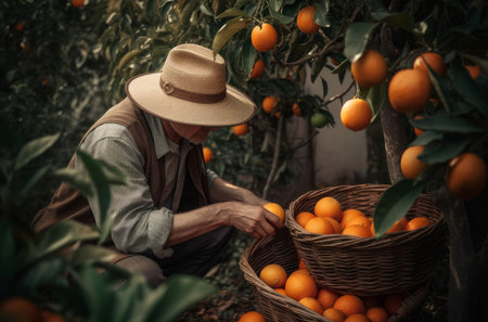 Gardener picking oranges in wicker basket. Farmer in harvesting season fresh exotic orchard. Generate aiの素材