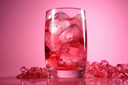 Pink refreshing beverage with ice cubes. Refreshment icy mocktail glass on pink background. Generate aiの素材