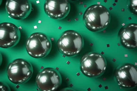 Silver shining balls on verdant surface. Vibrant jubilant festive glowing globes. Generate aiの素材