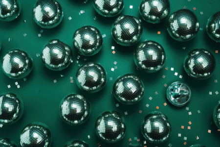 Silver disco balls on greenery background. Party glitter decoration sparkle orbs. Generate aiの素材
