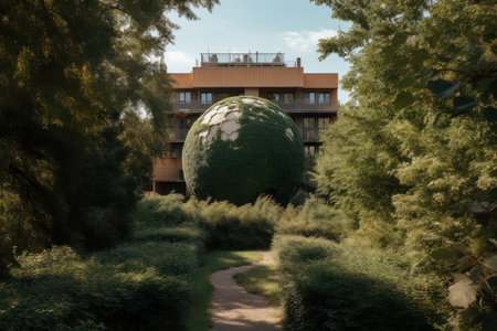 Surreal big sphere in front of building. Visionary fantasy orb in green backyard. Generate aiの素材