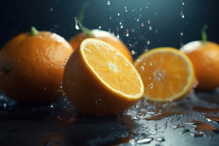 Whole and half water splashed oranges cinematic. Fresh juicy natural cut tangerines fruits. Generate aiの素材