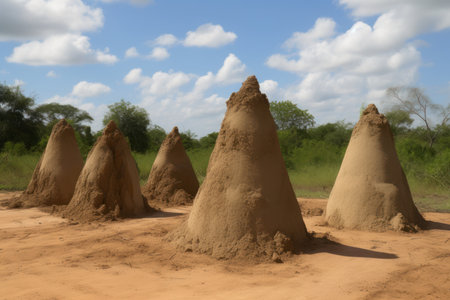 Termite mound constructions. Outdoor natural insects wild nest heaps. Generate aiの素材