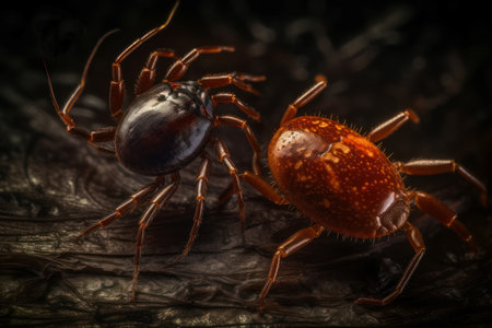 Tick insects closeup macro photo. Minuscule wild parasitic bloodsucking creature. Generate aiの素材