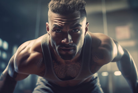 Athlete intense training gym face body. Health active muscle workout. Generate Aiの素材