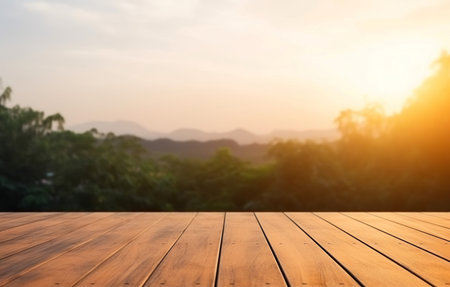 Empty wood table nature sunset. Plank product wooden view sun. Generate Aiの素材
