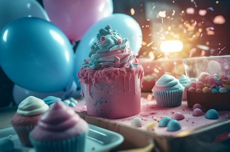 Baby gender reveal party. Colorful cake table with big balloons and cupcakes. Generate AIの素材