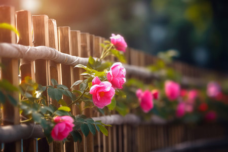 Blooming chinese rose flower. Pink and beautiful plants sprouted wooden fence. Generate AIの素材