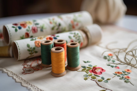 Embroidery needlework threads on work table. Fabric ornament texture top view. Generate Aiの素材