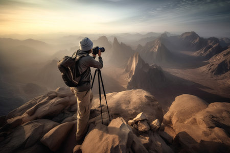 Photographer at canyon mountains. Travel adventure rock scenic hill. Generate Aiの素材