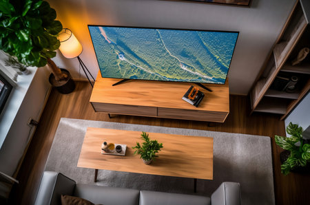 Top view modern living room. Carpet sofa style apartment art wooden couch. Generate Aiの素材