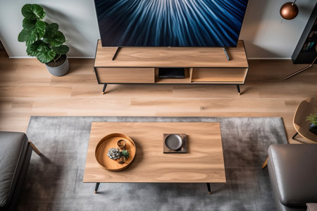 Top view modern living room wooden style. Book art interior home. Generate Aiの素材