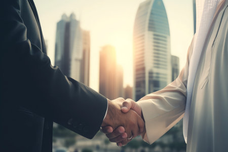 Arab business handshake. Two men smart and colorful costume agreeing. Generate AIの素材