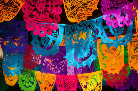 Vibrant colorful paper handwork decoration. Decorative hanging paper crafting ornament. Generate aiの素材