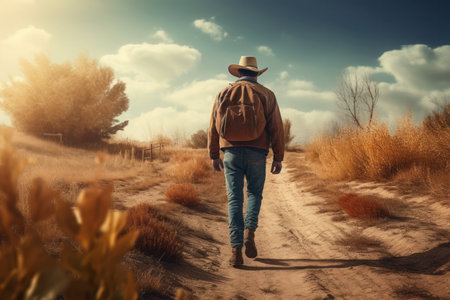 Back view of country walk man photo. Tourist man with backpack walking on rural field way. Generate aiの素材