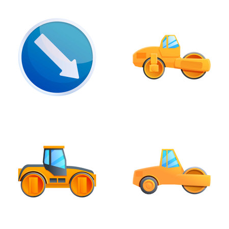 Road roller icons set cartoon vector. Heavy construction vehicle. Road repairのイラスト素材