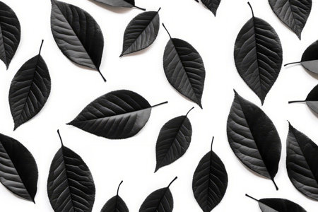 Black leaves on white background. Garden botany dark leaves backdrop. Generate aiの素材