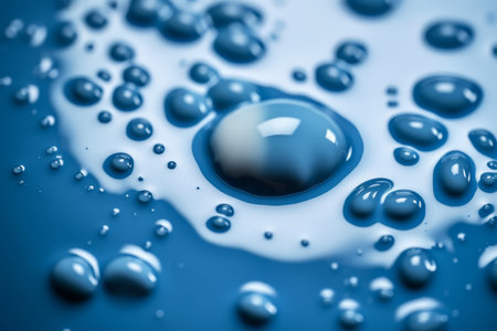 Blue liquid droplets. Azure watery splashes on blue surface. Generate aiの素材