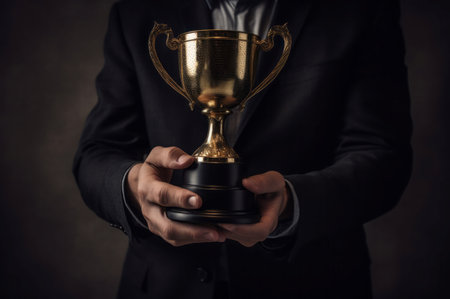 Businessman holding golden reward trophy. Successful team leader with shiny honor winner prize. Generate aiの素材
