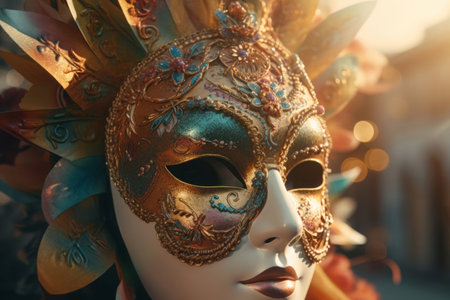 Carnival mask on sunny background. Colorful masquerade festival face camouflage mask. Generate aiの素材