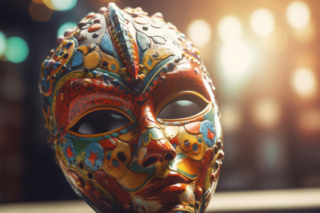 Carnival colorful mask on illuminated background. Traditional festive masquerade ball costume. Generate aiの素材