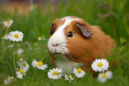 Cute brown guinea pig in grass. Adorable small animal pet in green field with white flowers. Generate aiの素材