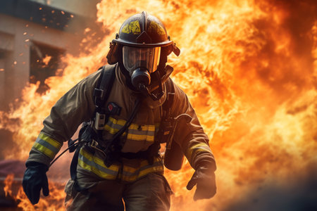 Dynamic image firefighter action. Emergency dangerous fireman in burning flames. Generate aiの素材