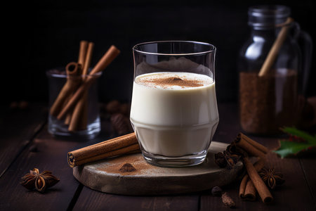 Eggnog cinnamon cocktail beverage. Traditional winter season creamy whipped egg liqueur. Generate aiの素材
