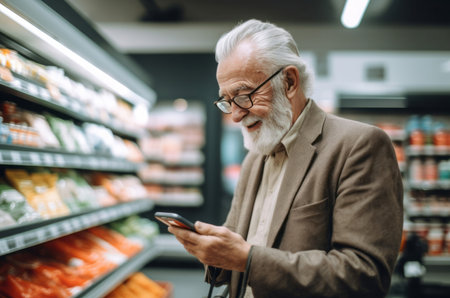 Elderly pleased man shopping online. Senior man purchasing on retail mobile platform. Generate aiの素材