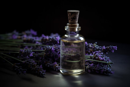 Essential lavender aromatic bottle oil. Herbal medical scented fragrant extract. Generate aiの素材