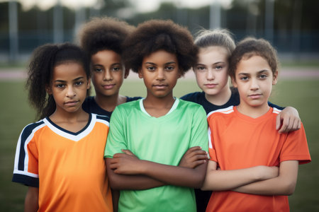 Multicultural child soccer players. Diverse junior kids football sport training team. Generate aiの素材